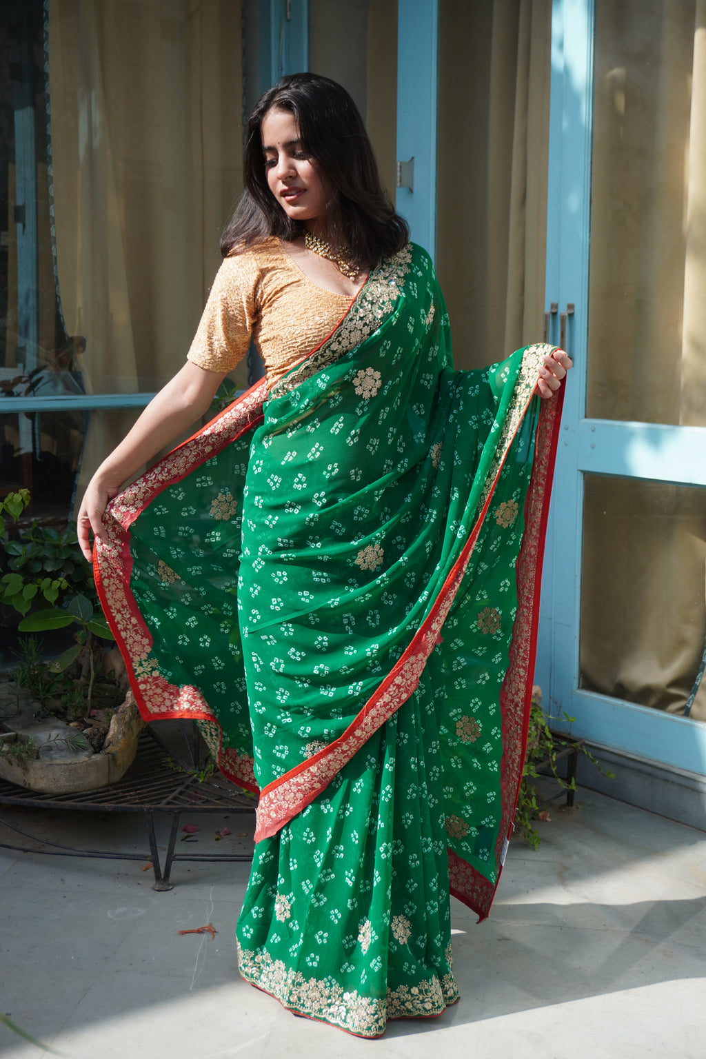 Ishori Green Bandhani Georgette Saree with Handwork Border
