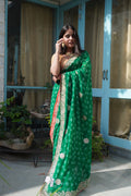 Ishori Green Bandhani Georgette Saree with Handwork Border