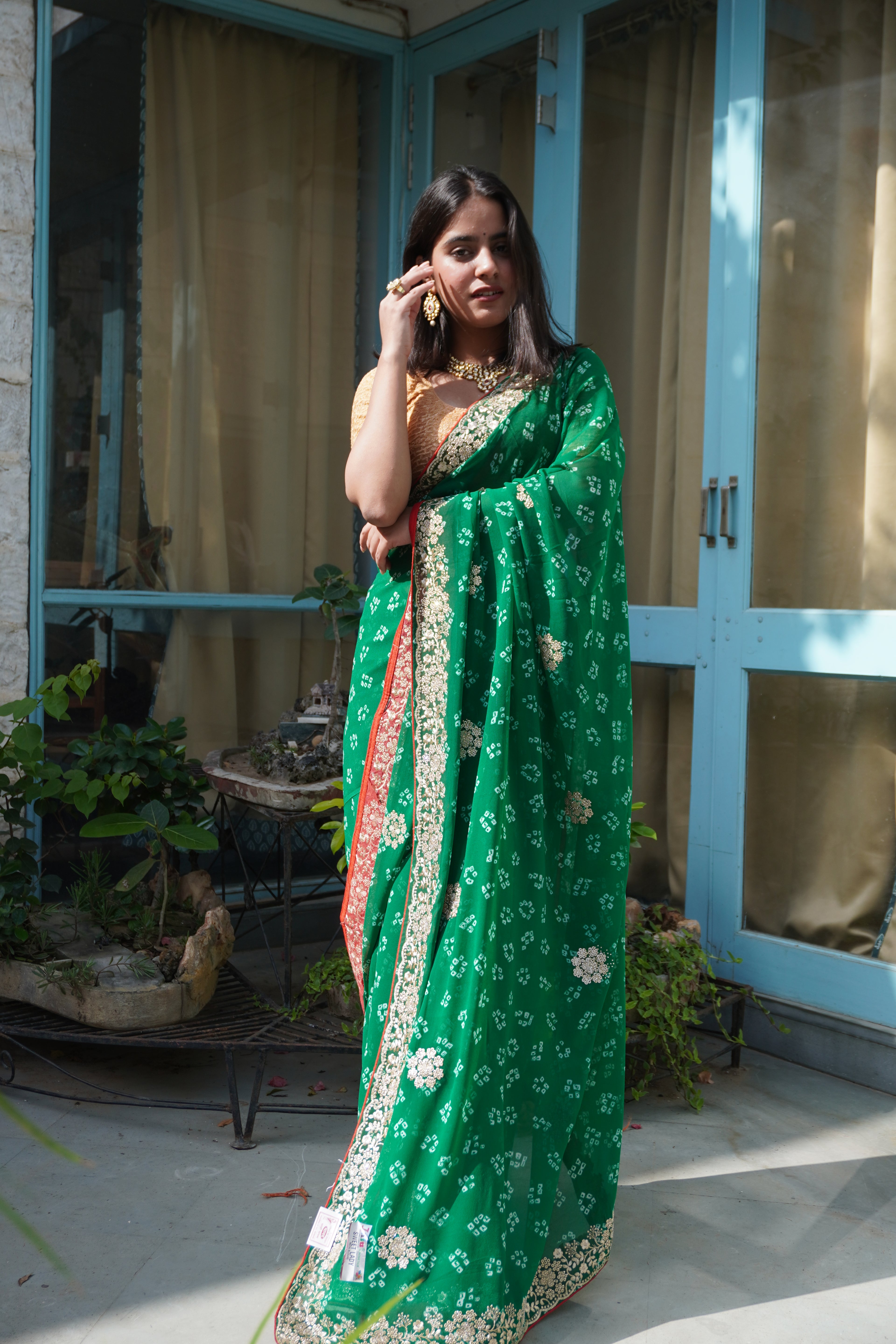 Ishori Green Bandhani Georgette Saree with Handwork Border