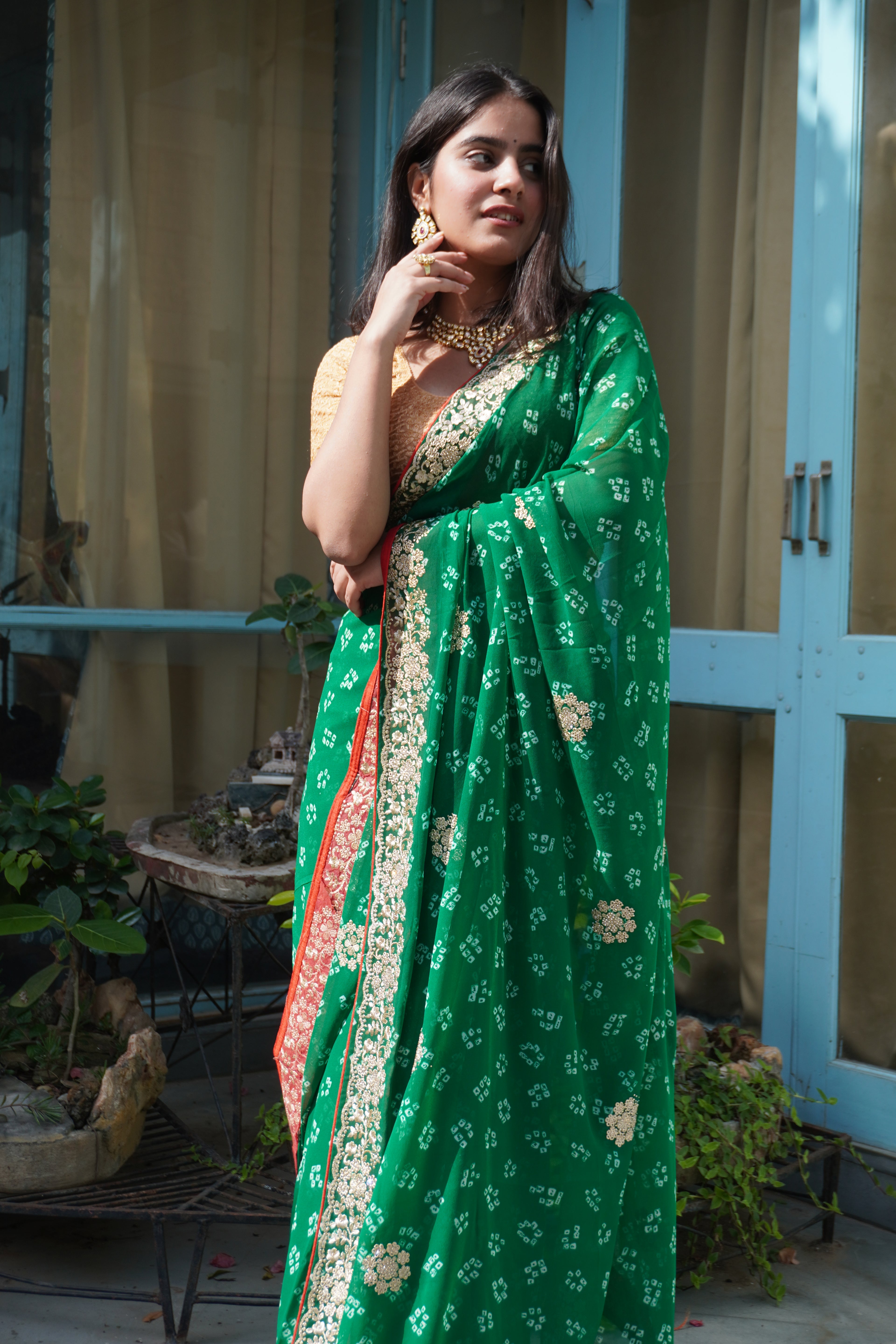 Ishori Green Bandhani Georgette Saree with Handwork Border