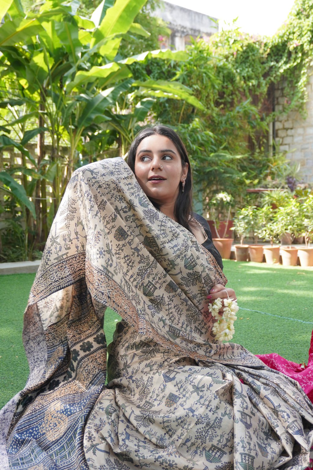 Ishori Tussar Silk Kalamkari Block Print Saree with Village Motifs