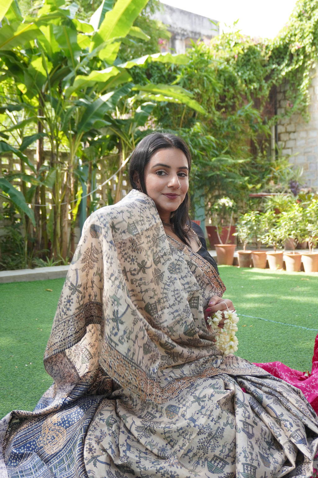 Ishori Tussar Silk Kalamkari Block Print Saree with Village Motifs