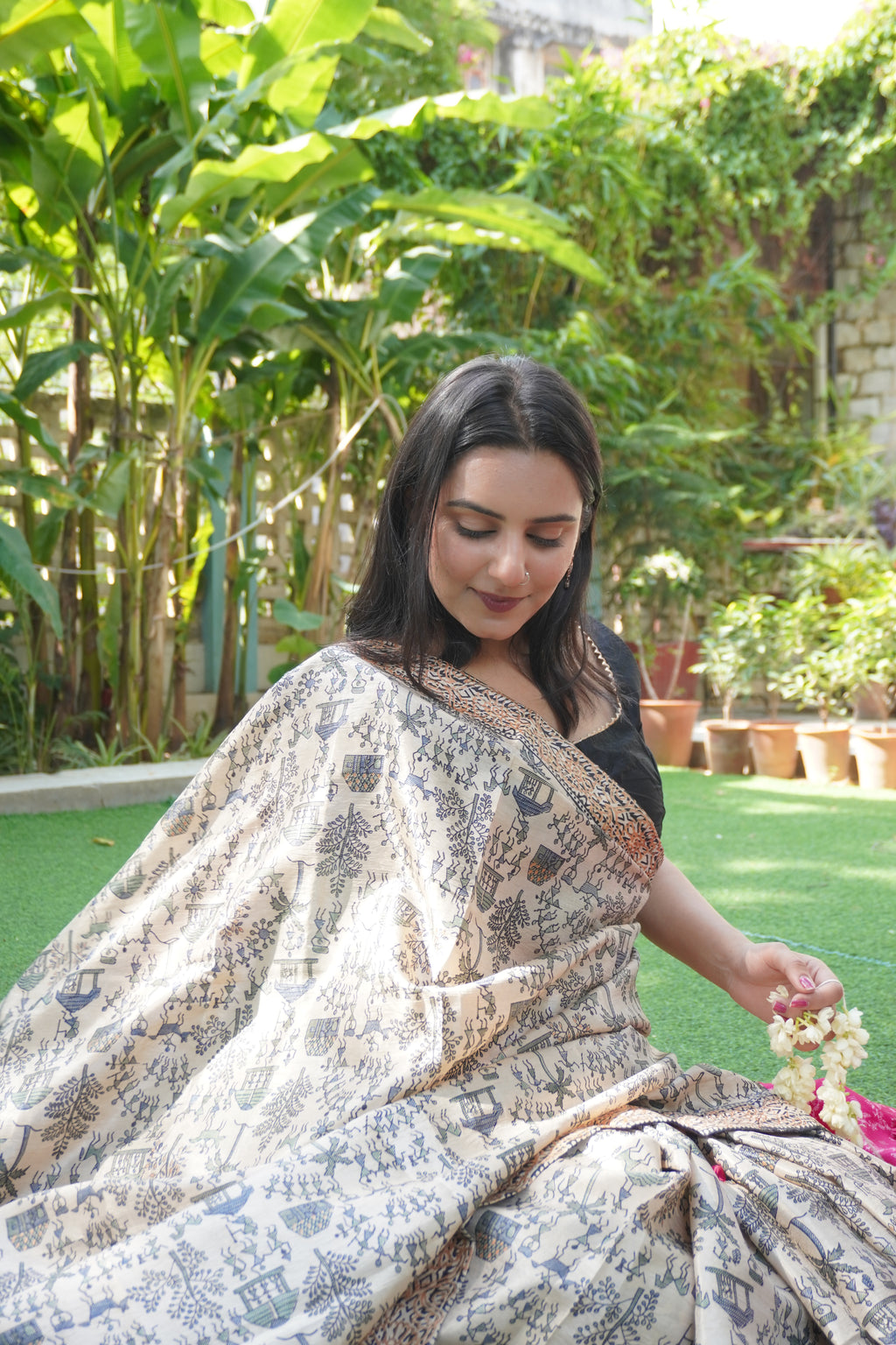 Ishori Tussar Silk Kalamkari Block Print Saree with Village Motifs