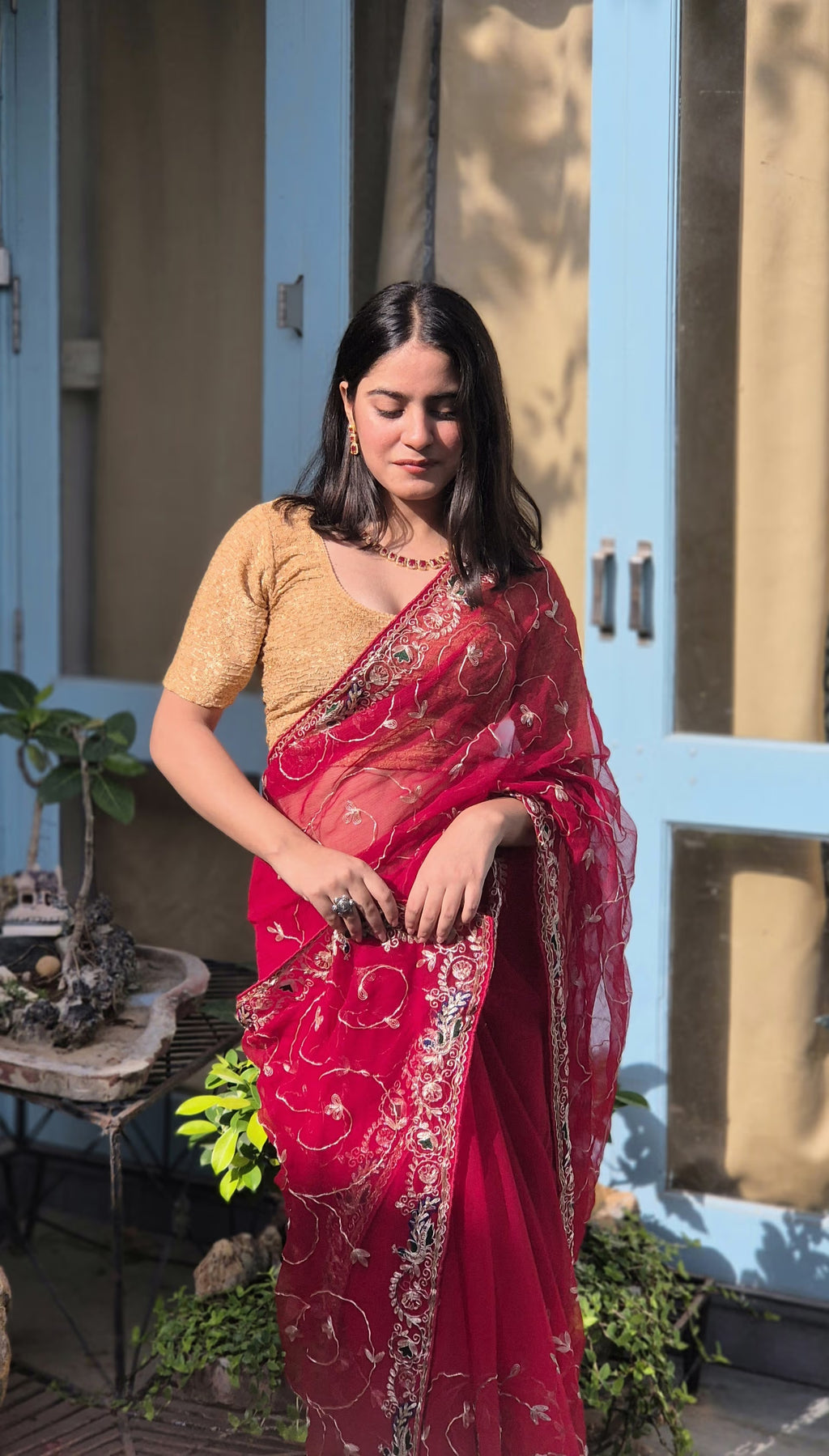 Ishori Chiffon Handwork Saree with Aari Tari and Peacock Border