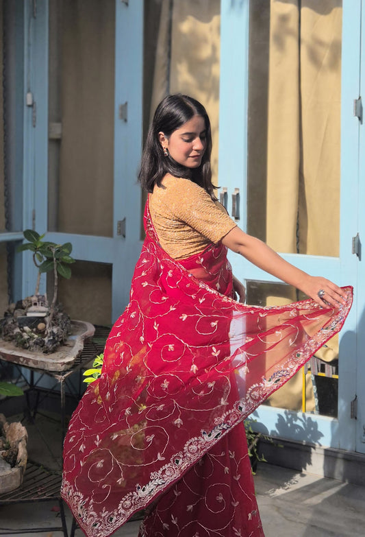 Ishori Chiffon Handwork Saree with Aari Tari and Peacock Border