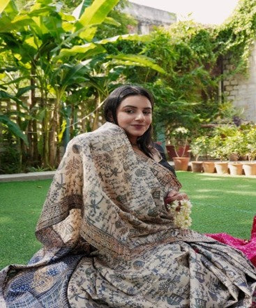 Ishori Tussar Silk Kalamkari Block Print Saree with Village Motifs